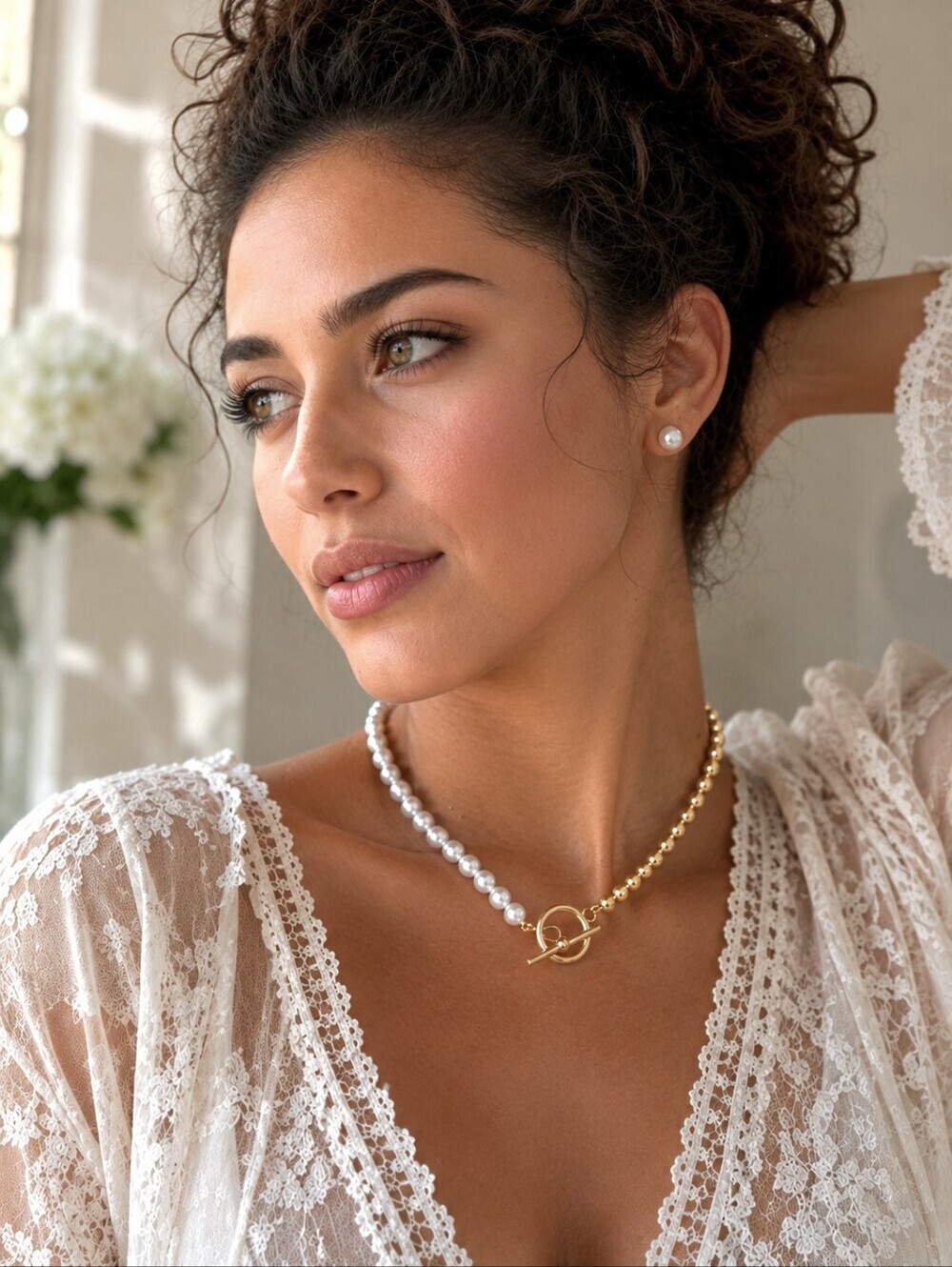 Half Pearl Half Gold Bead Choker Necklace Toggle Clasp Clean Girl Coquette 16"